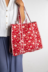 Red Bristol Block Print Tote Bag with white floral pattern in Garnet