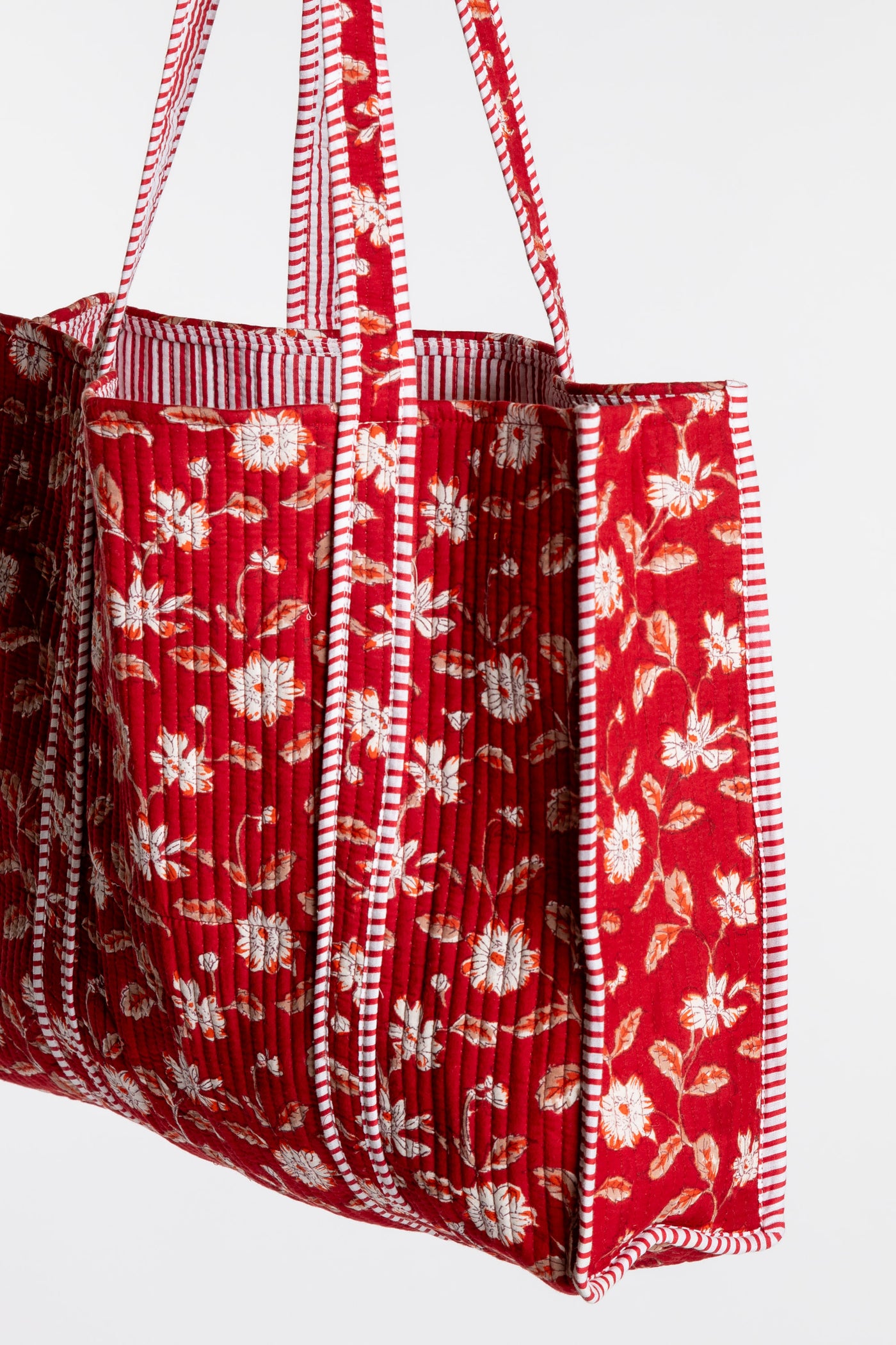 Red Bristol Block Print Tote Bag with white floral pattern in Garnet
