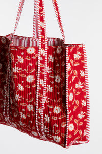 Red Bristol Block Print Tote Bag with white floral pattern in Garnet