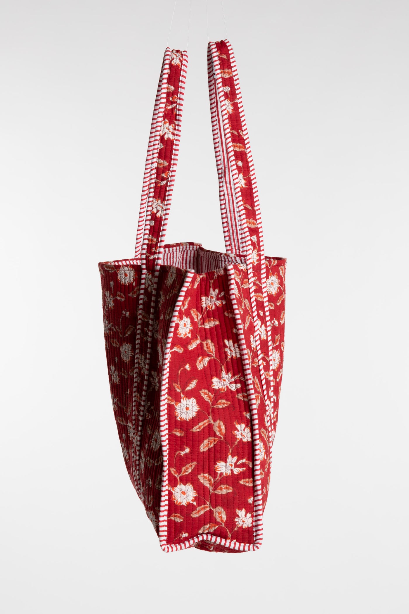 Red Bristol Block Print Tote Bag with white floral pattern in Garnet