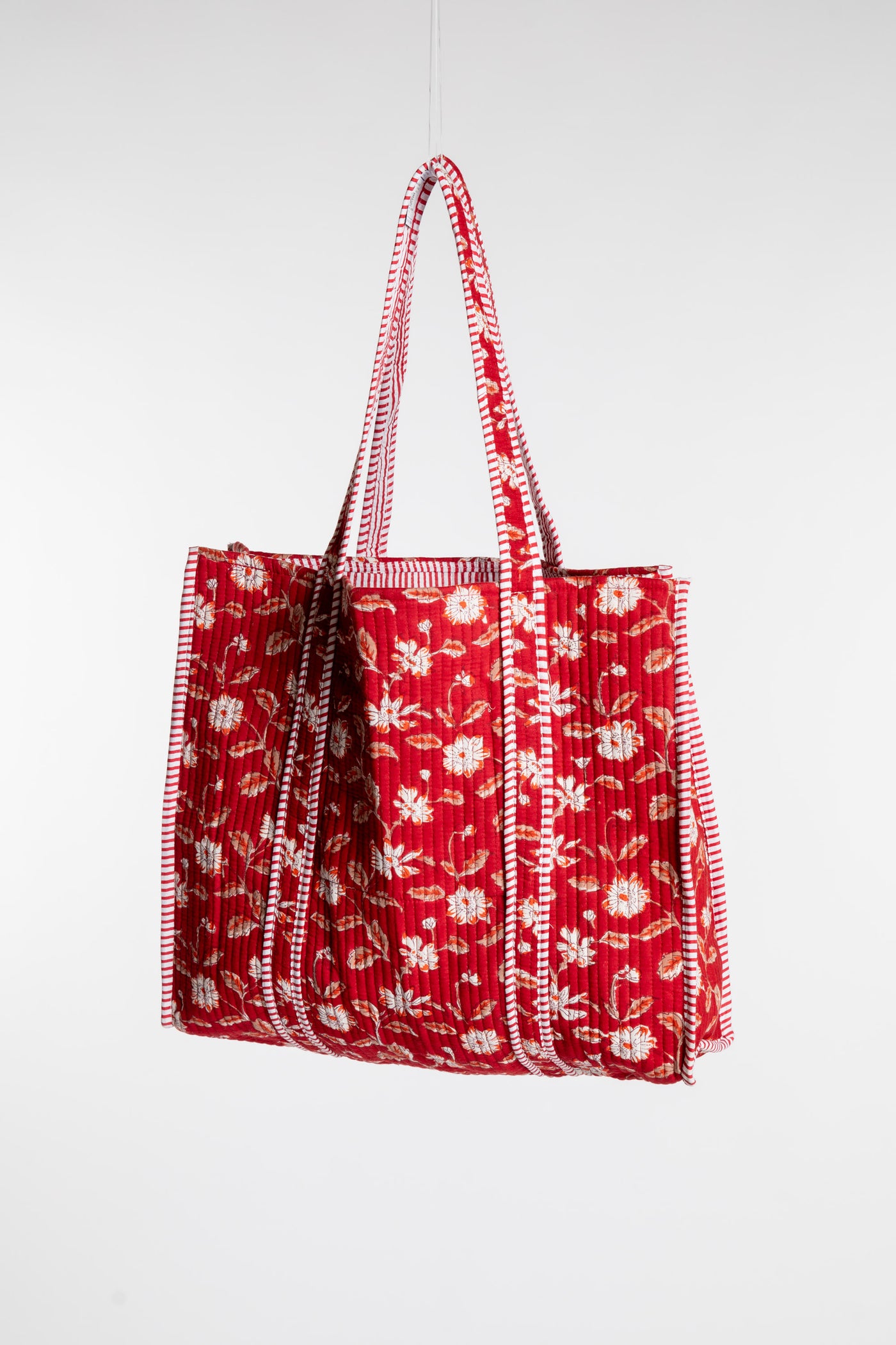 Red Bristol Block Print Tote Bag with white floral pattern in Garnet
