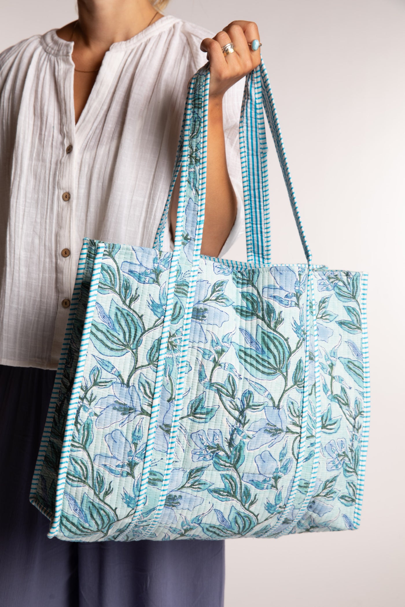 Reusable floral Bristol Block Print Tote Bag in light blue