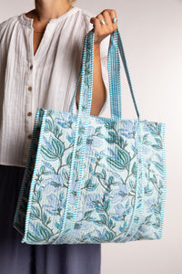 Reusable floral Bristol Block Print Tote Bag in light blue