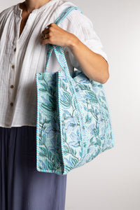 Reusable floral Bristol Block Print Tote Bag in light blue
