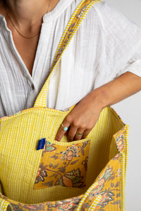 Yellow floral-patterned Bristol Block Print Tote Bag in Marigold