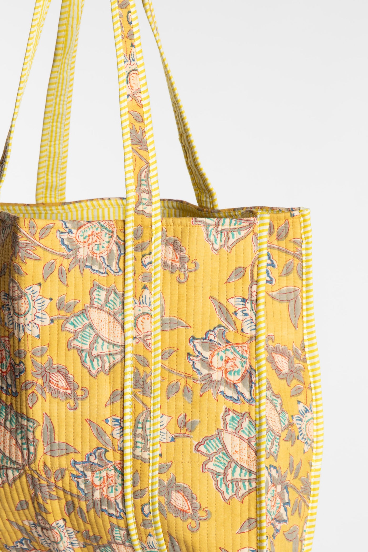 Yellow floral-patterned Bristol Block Print Tote Bag in Marigold