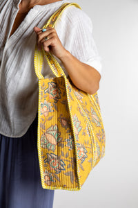 Yellow floral-patterned Bristol Block Print Tote Bag in Marigold