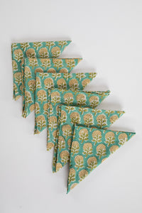 Aquamarine floral block print napkin set of 6 cotton cloth napkins