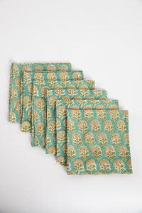 Aquamarine floral block print napkin set of 6 cotton cloth napkins