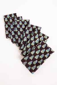 Black floral block print napkin set of 6 cotton cloth napkins
