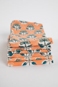 Dusty Coral floral block print napkin set of 6 cotton cloth napkins