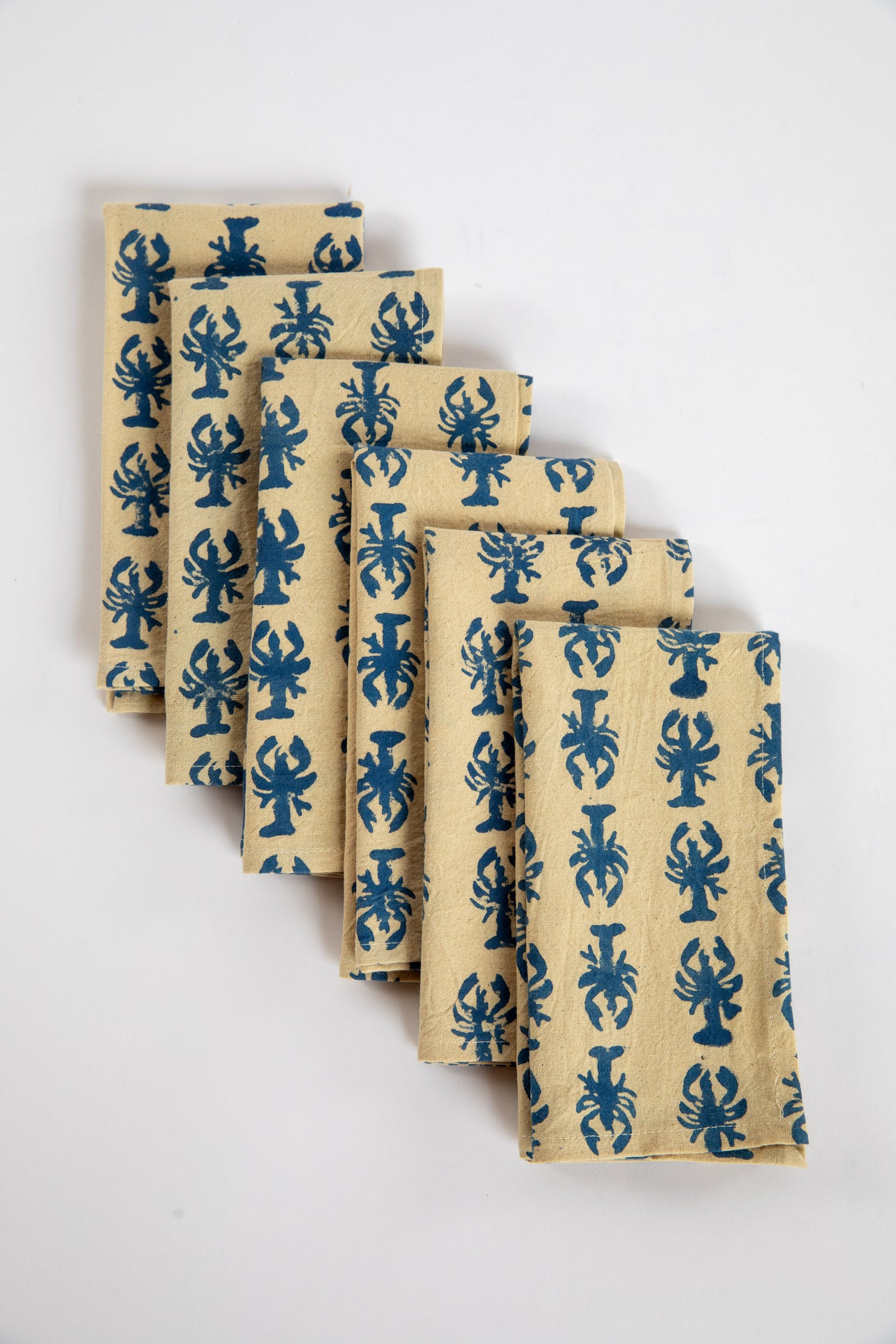 Blue lobster block print napkin set of 6 cotton cloth napkins