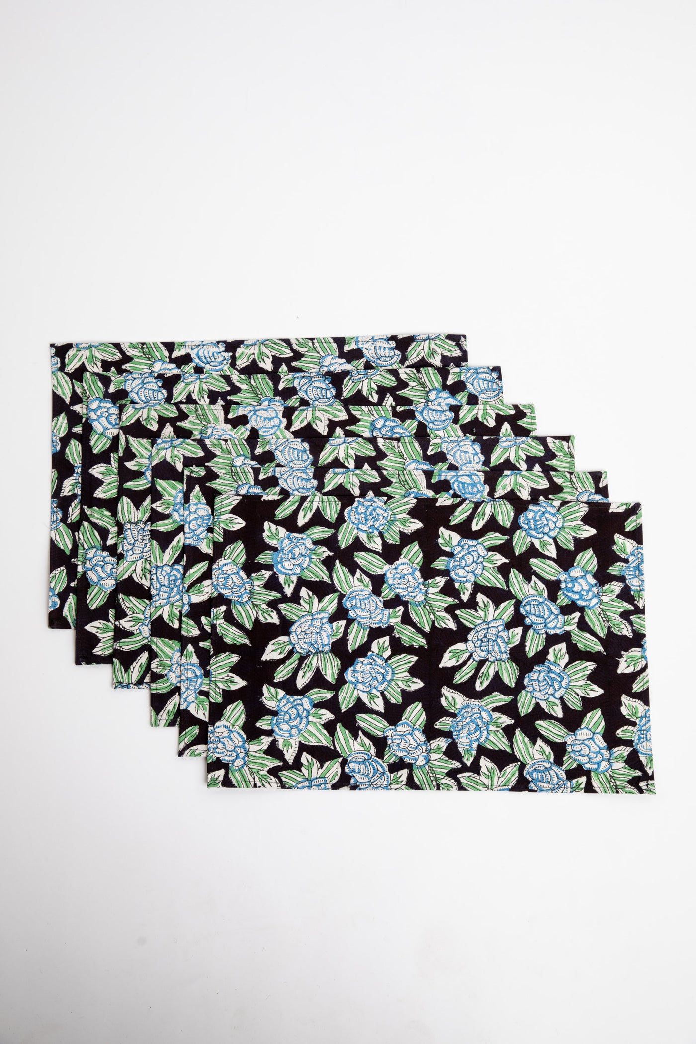 Black floral block print placemat set of 6 cotton placemats