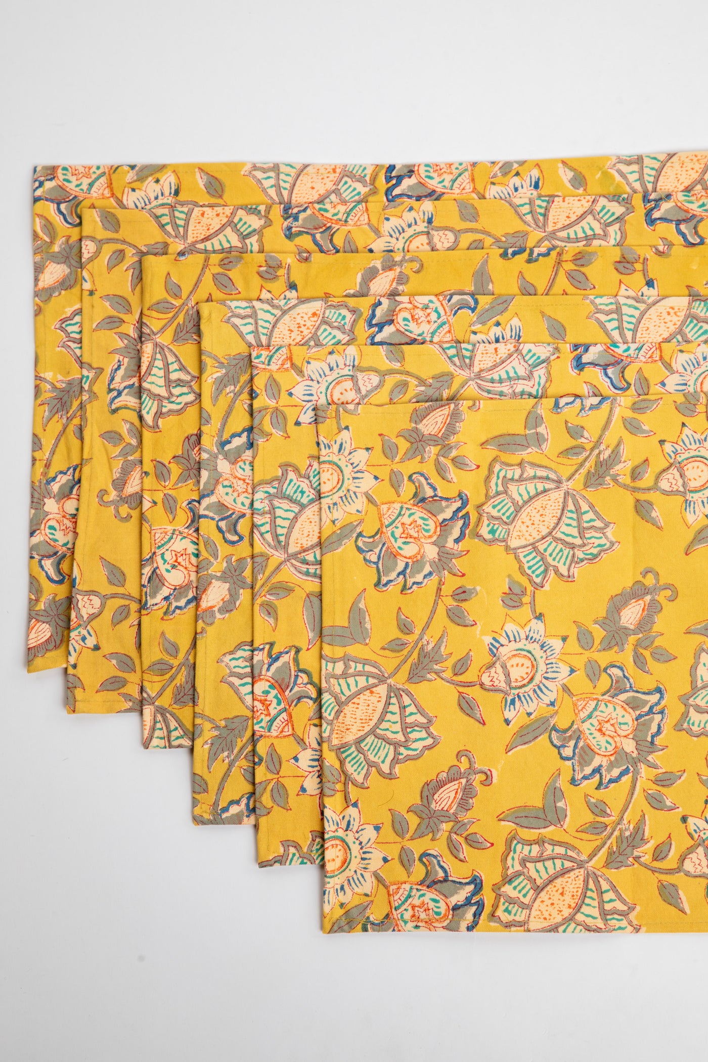 Marigold Yellow floral block print placemat set of 6 cotton placemats