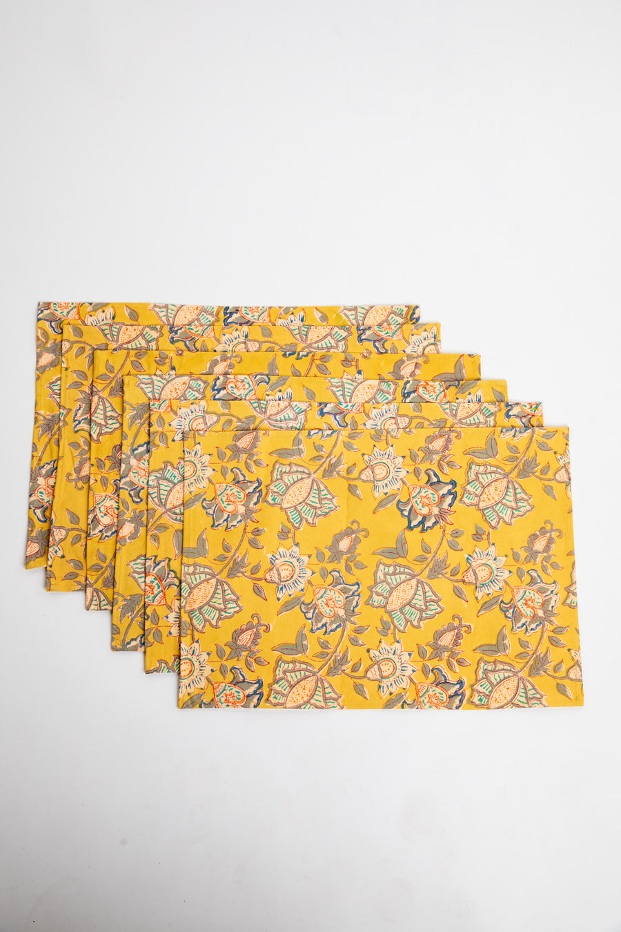 Marigold Yellow floral block print placemat set of 6 cotton placemats