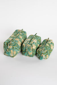 Quilted block print bag in green Aquamarine floral. Available in 3 sizes.