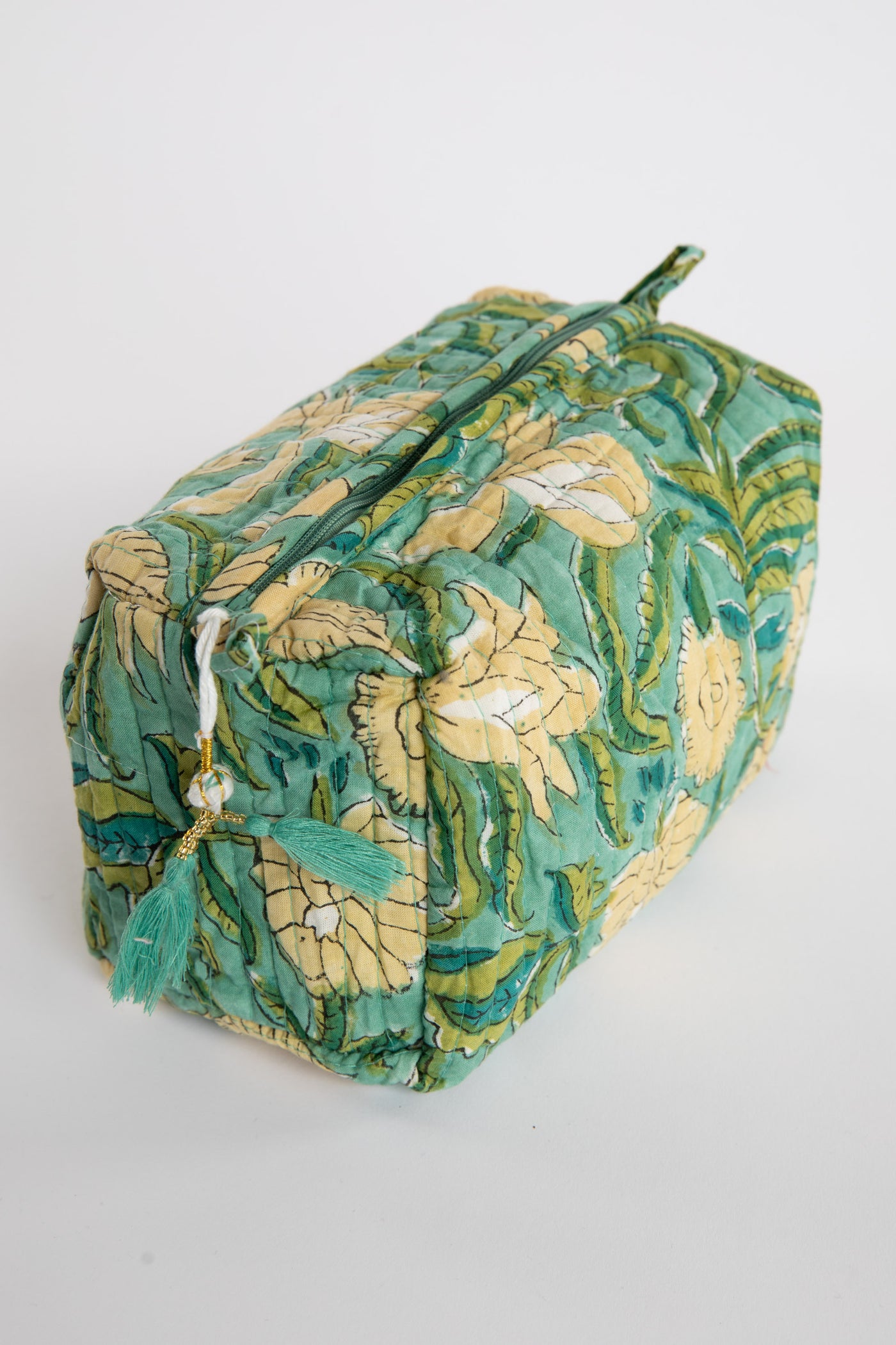 Quilted block print bag in green Aquamarine floral 