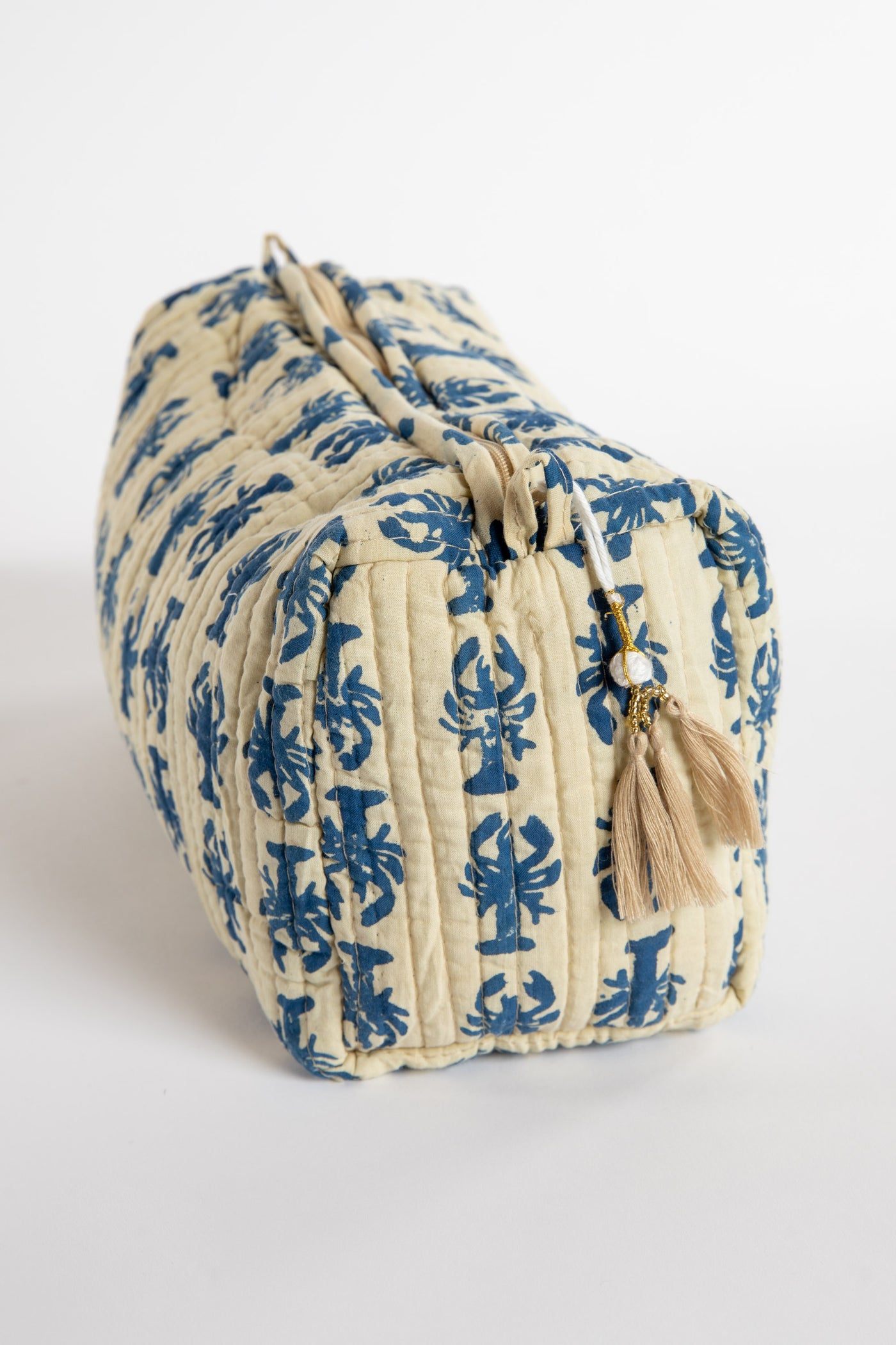 Quilted block print bag in blue lobster. Available in 3 sizes.