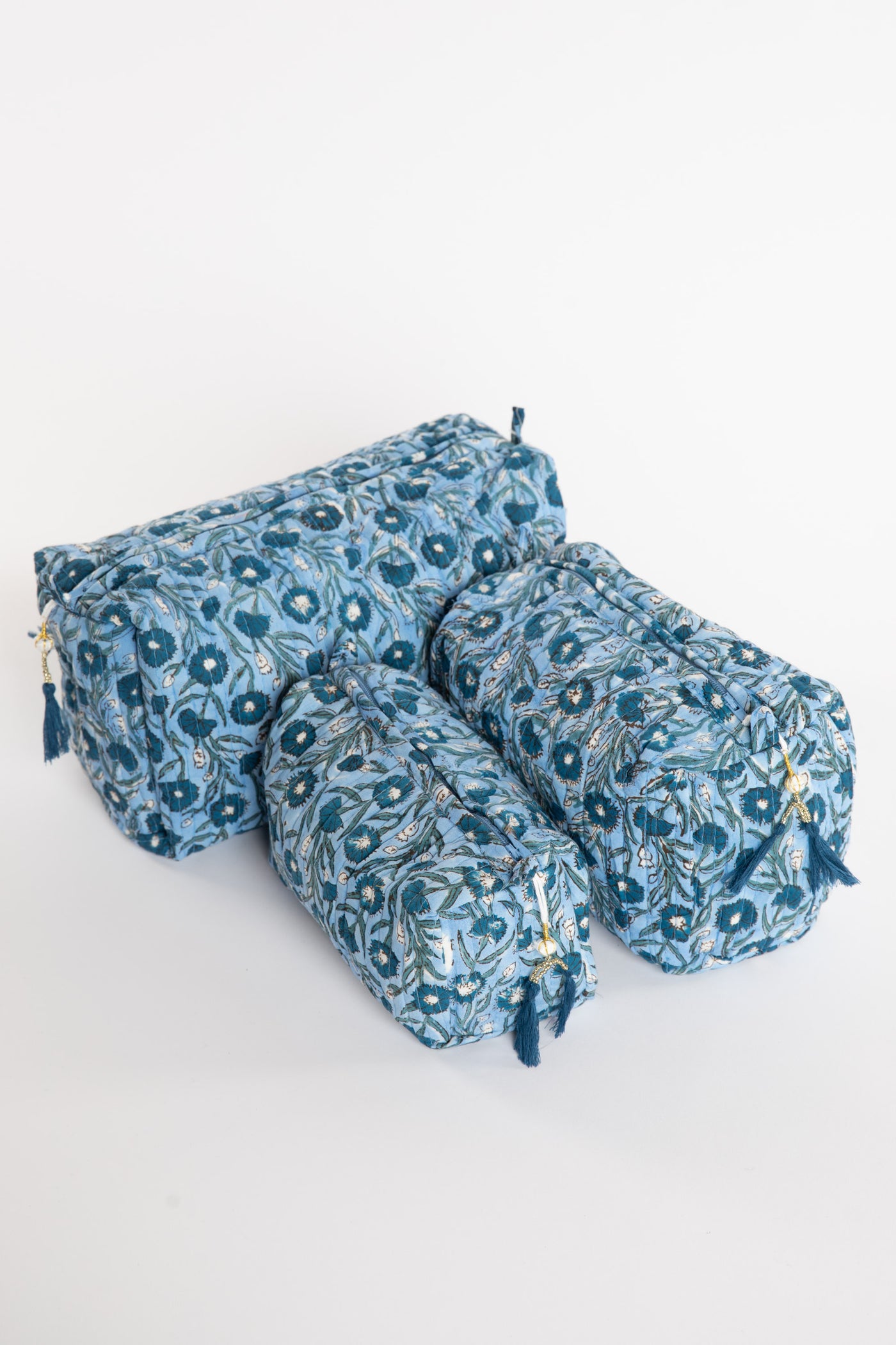 Quilted block print bag in blue mist floral. Available in 3 sizes.