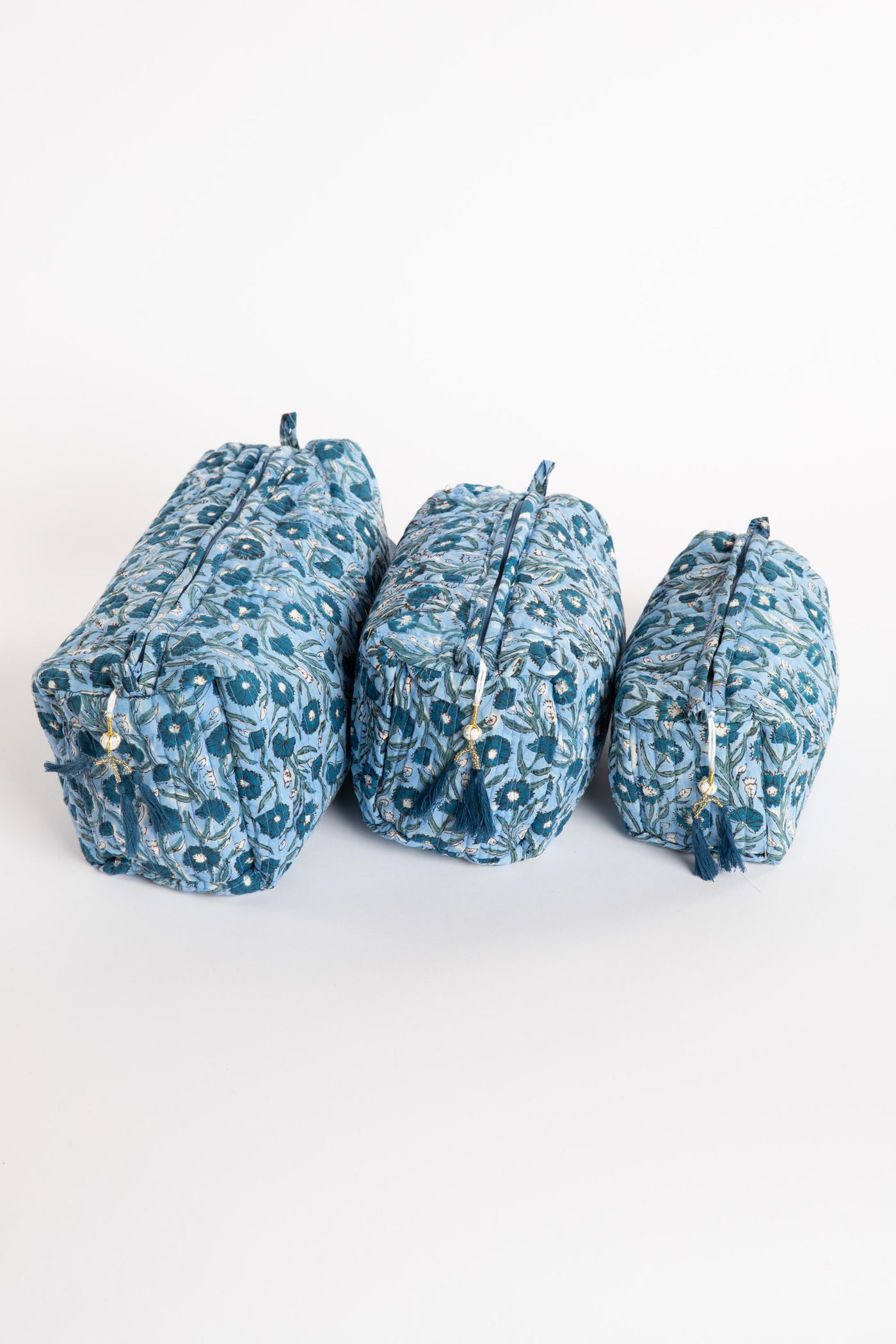 Quilted block print bag in blue mist floral. Available in 3 sizes.