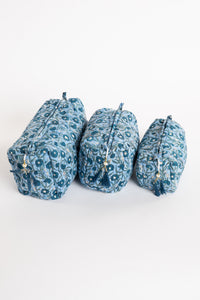 Quilted block print bag in blue mist floral. Available in 3 sizes.