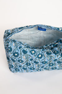Quilted block print bag in blue mist floral. Available in 3 sizes.