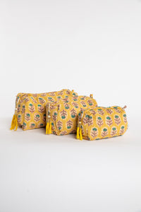 Quilted block print bag in yellow Mustard floral. Available in 3 sizes.