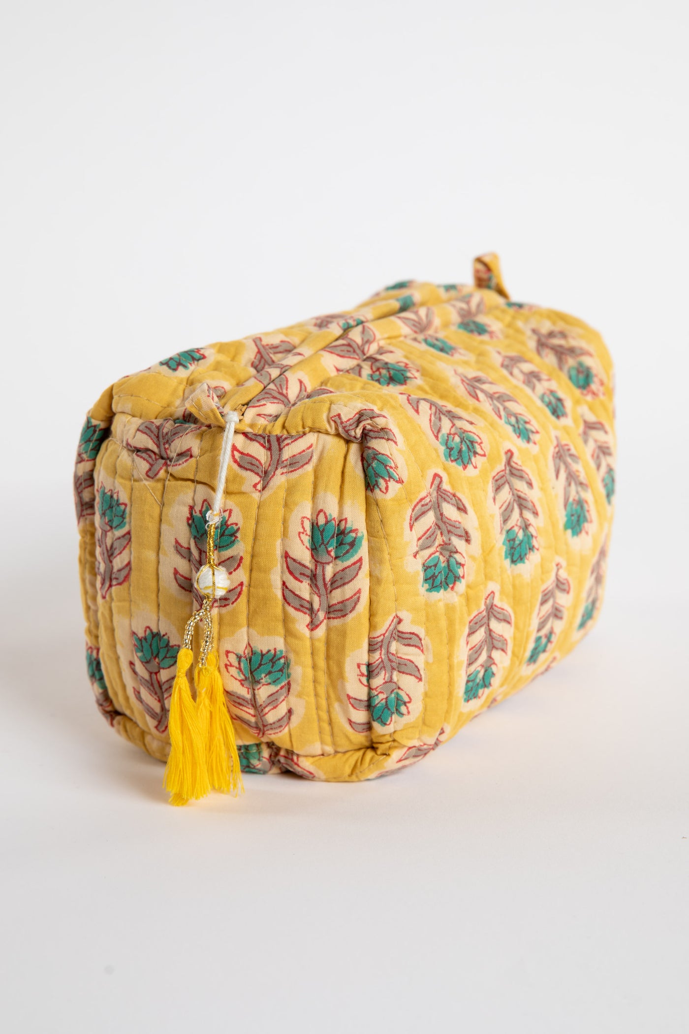 Quilted block print bag in yellow Mustard floral. Available in 3 sizes.