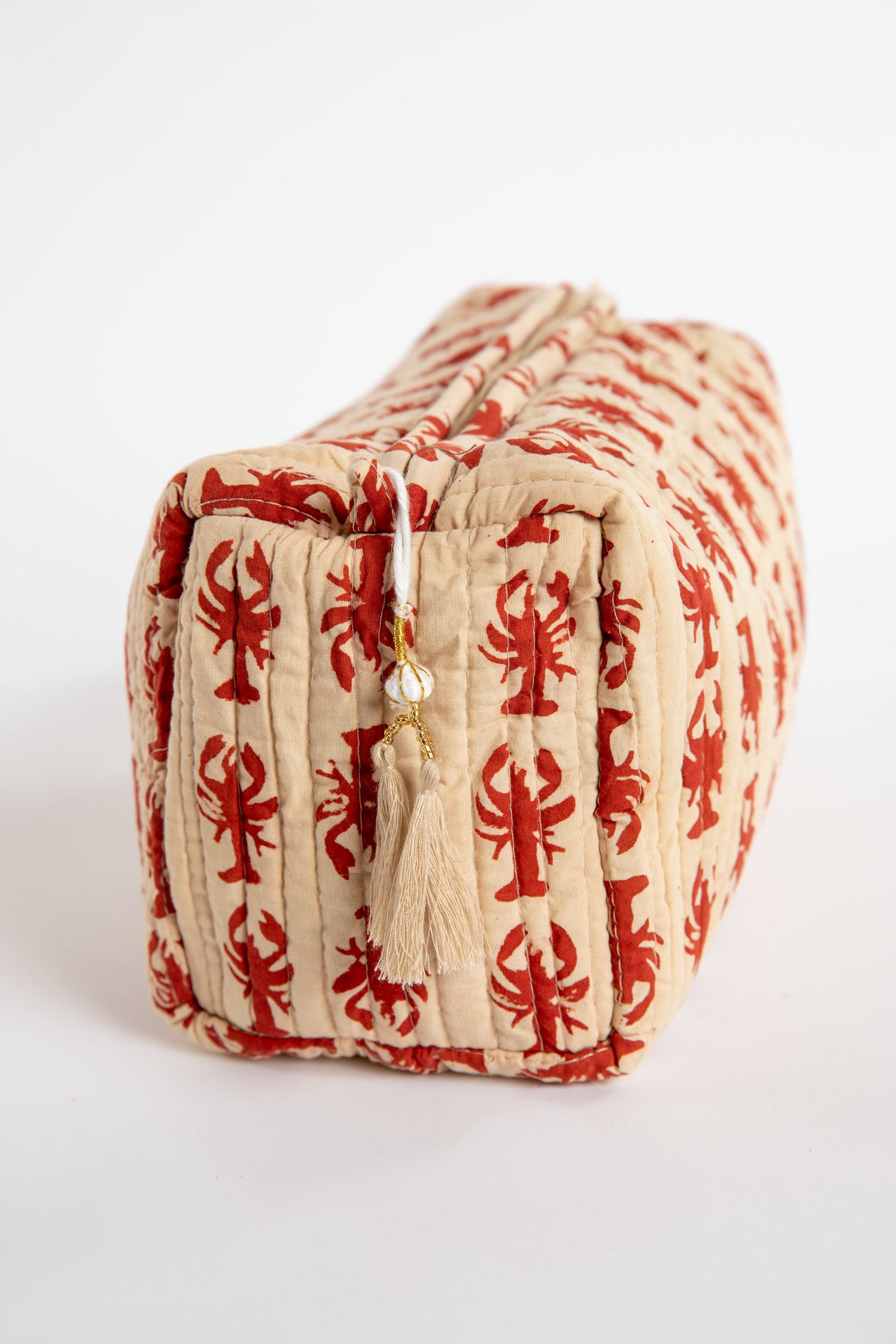 Quilted block print bag in red lobster. Available in 3 sizes.