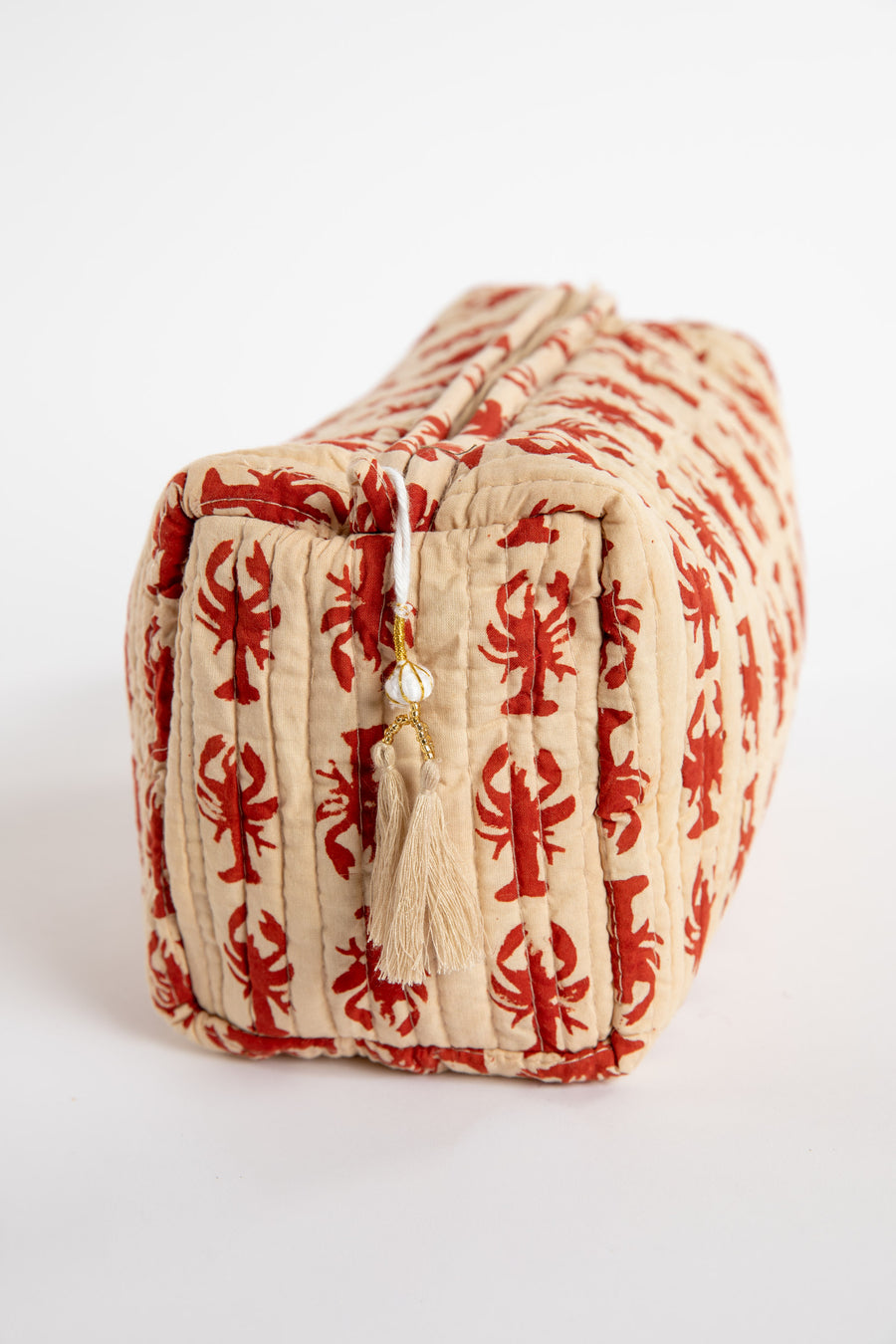 Quilted block print bag in red lobster. Available in 3 sizes.