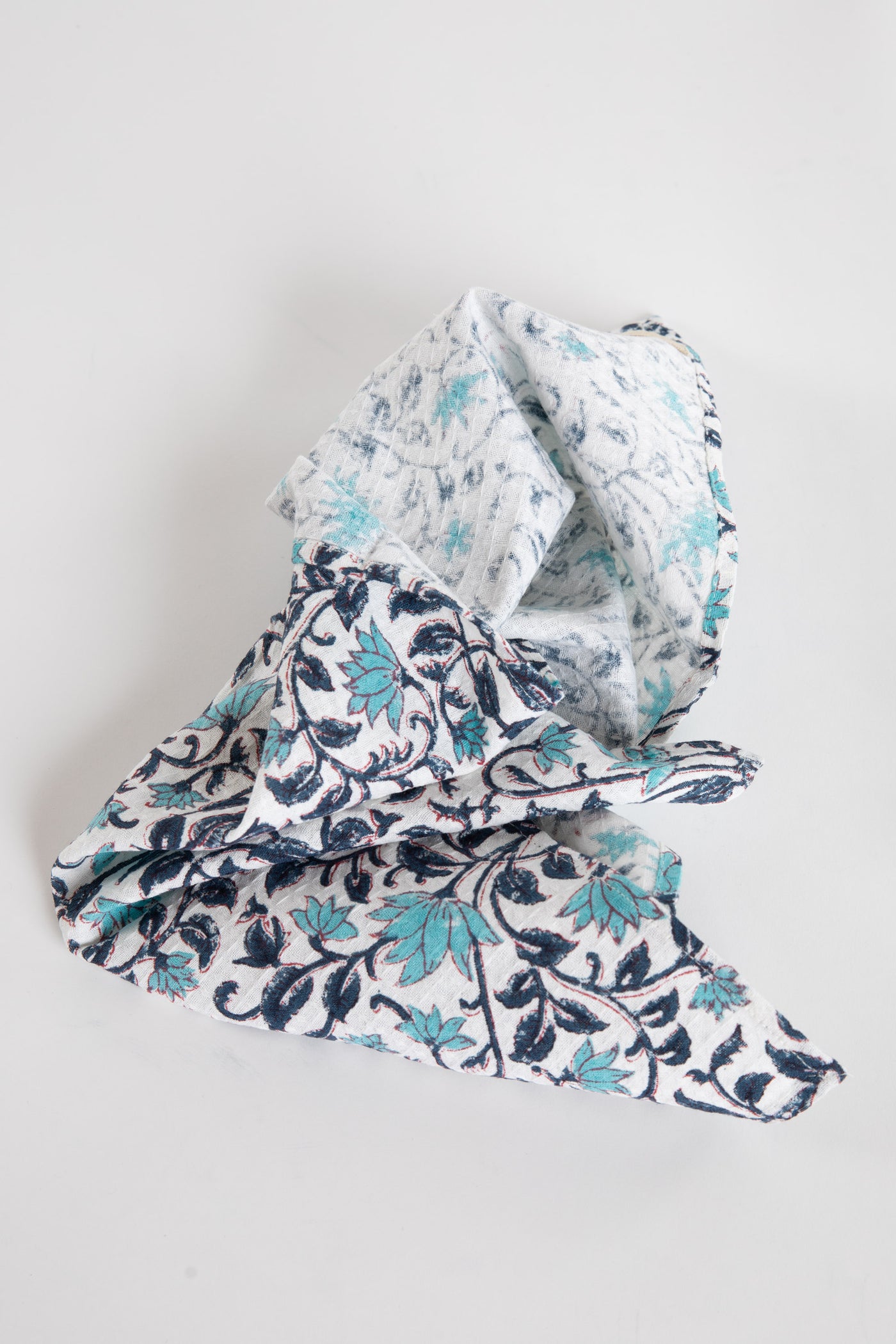 Blue Floral Block Print Cotton Dish Towel
