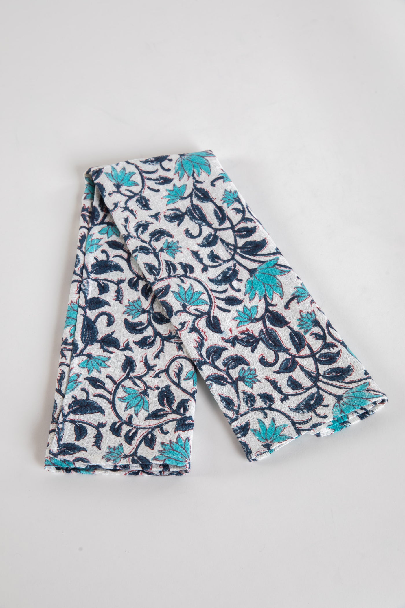 Blue Floral Block Print Cotton Dish Towel