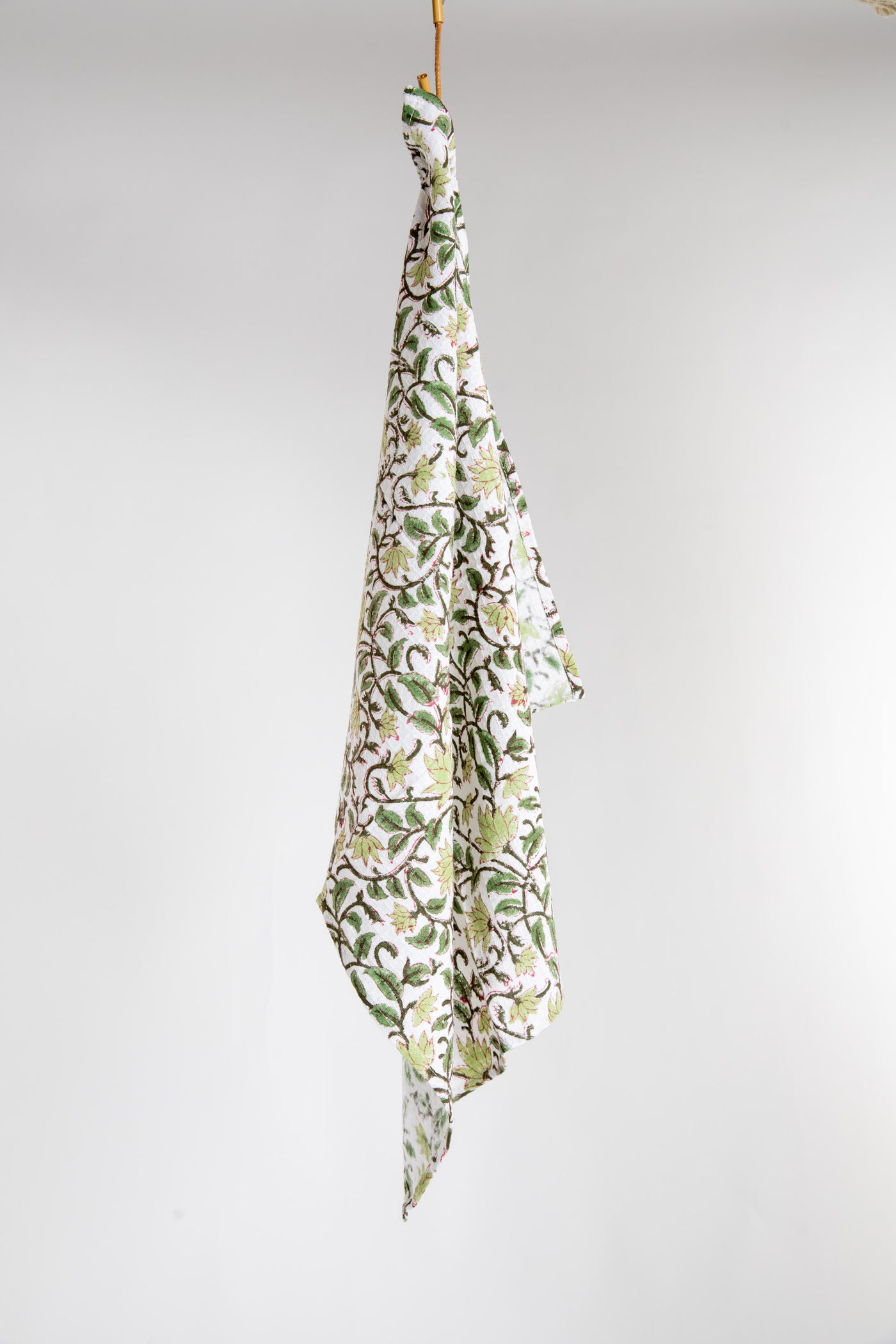 Green Floral Block Print Cotton Dish Towel