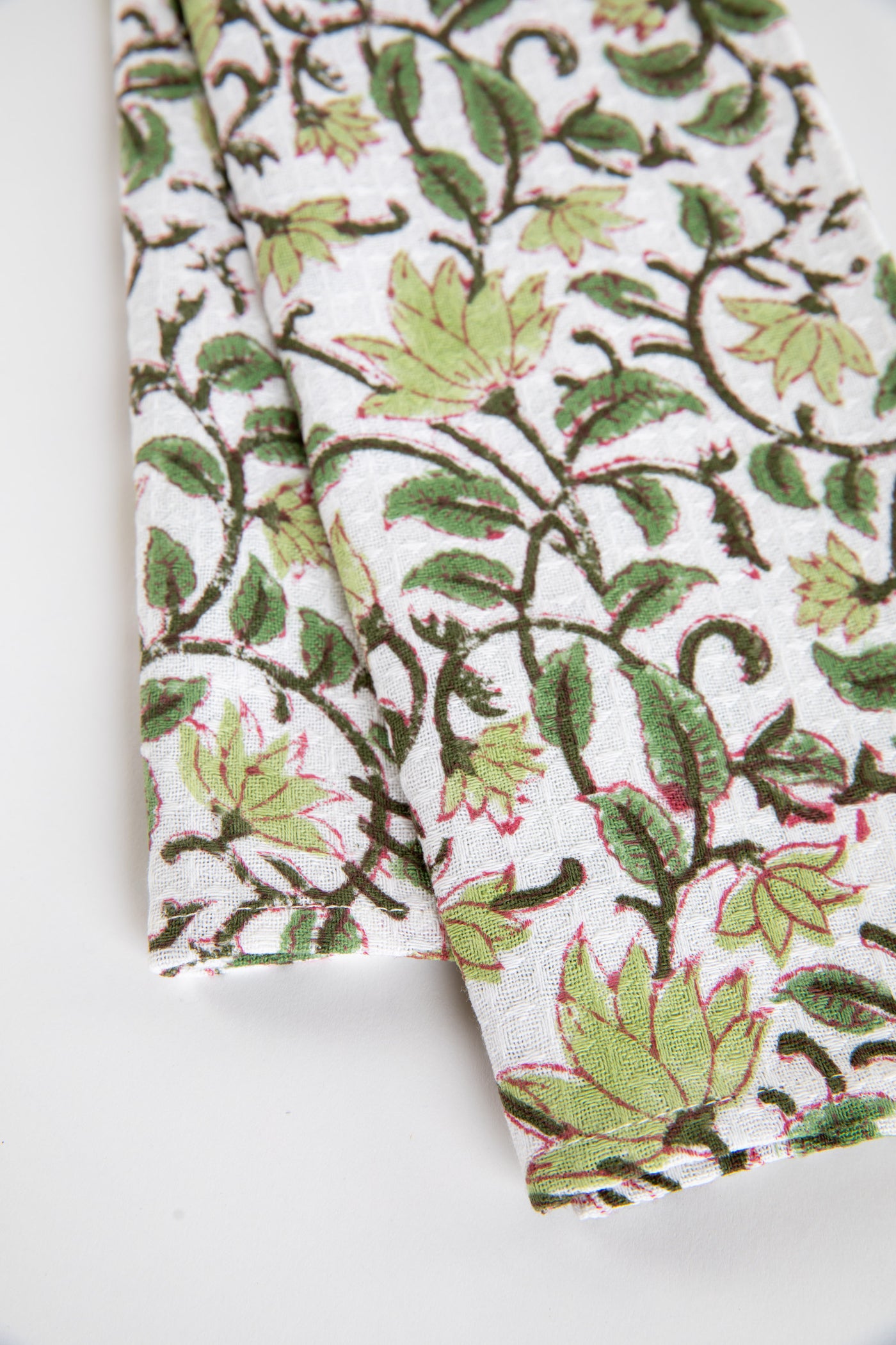 Green Floral Block Print Cotton Dish Towel