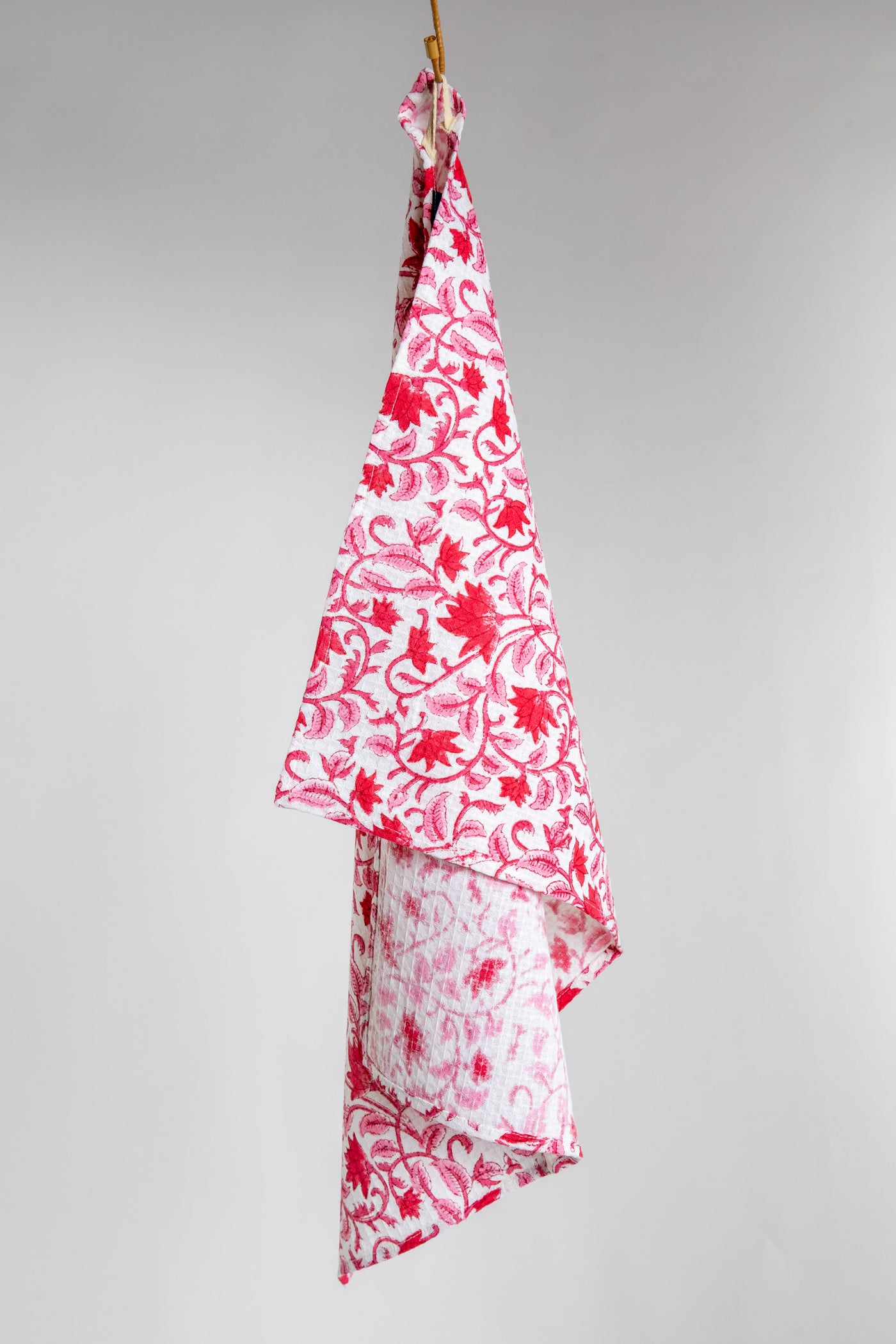 Red Floral Block Print Cotton Dish Towel