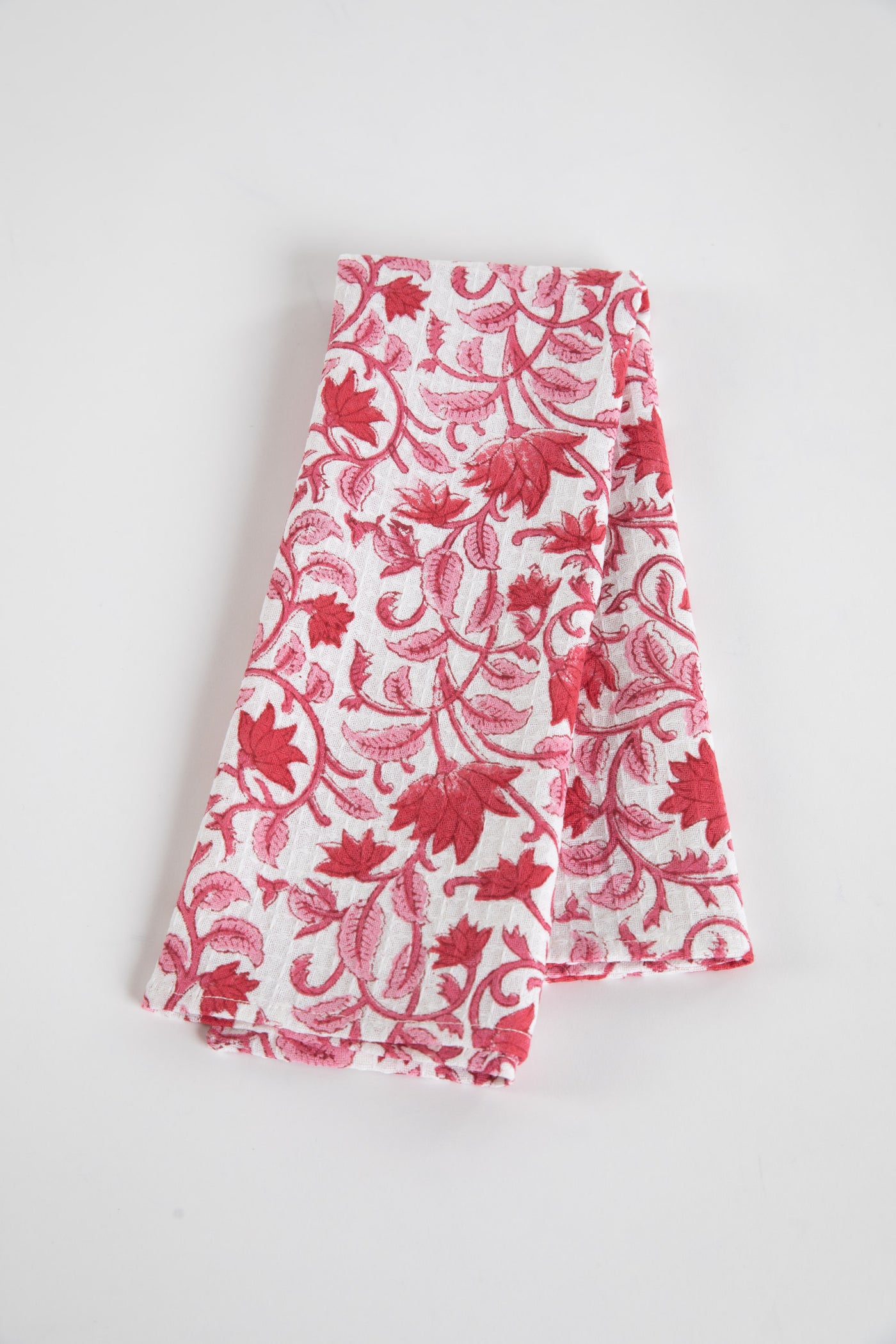 Red Floral Block Print Cotton Dish Towel