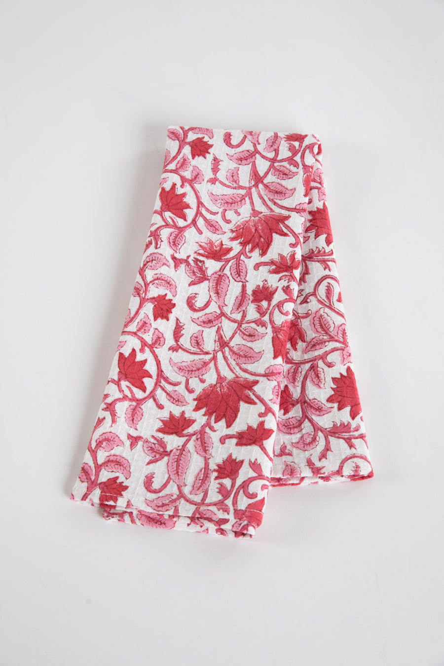 Red Floral Block Print Cotton Dish Towel