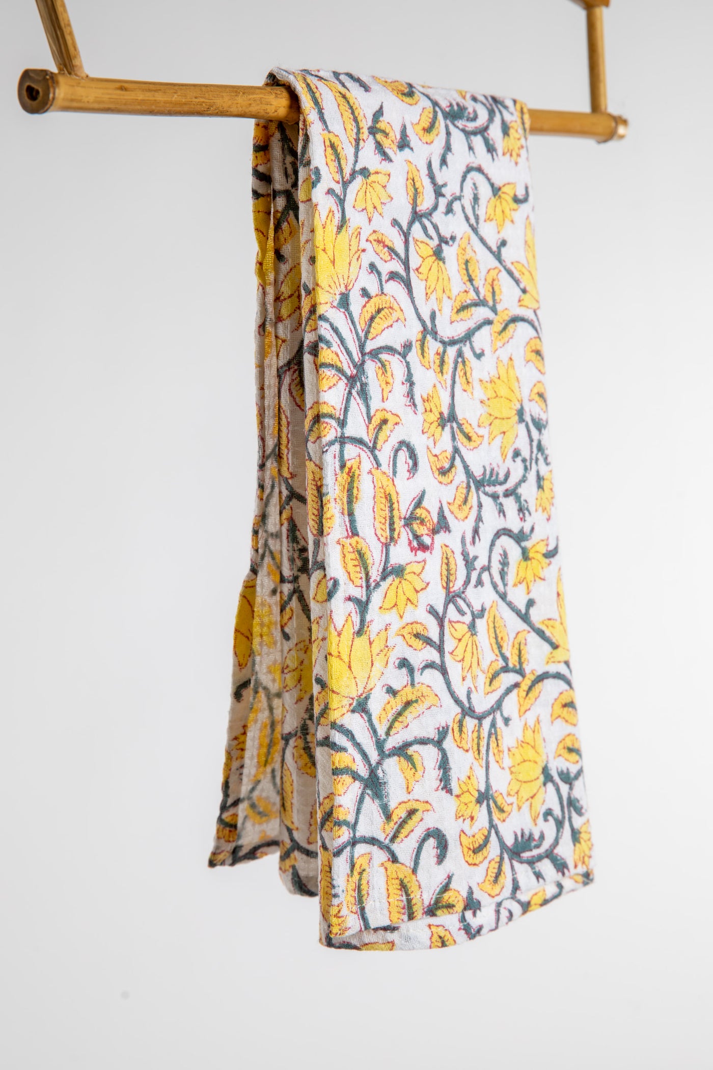 Yellow Floral Block Print Cotton Dish Towel