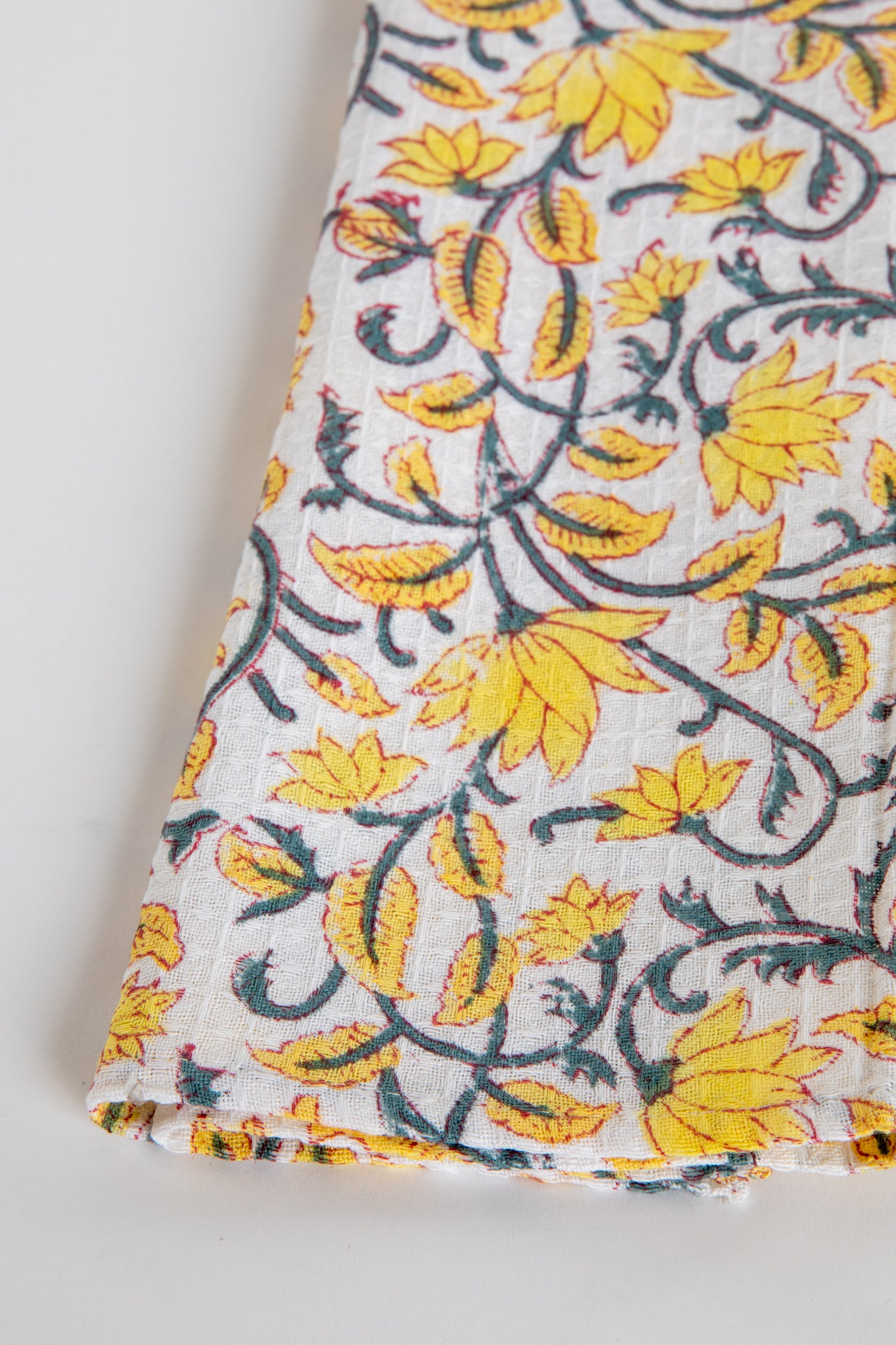 Yellow Floral Block Print Cotton Dish Towel