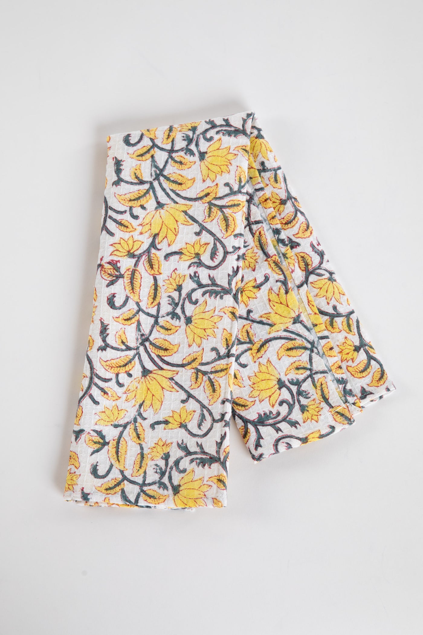 Yellow Floral Block Print Cotton Dish Towel