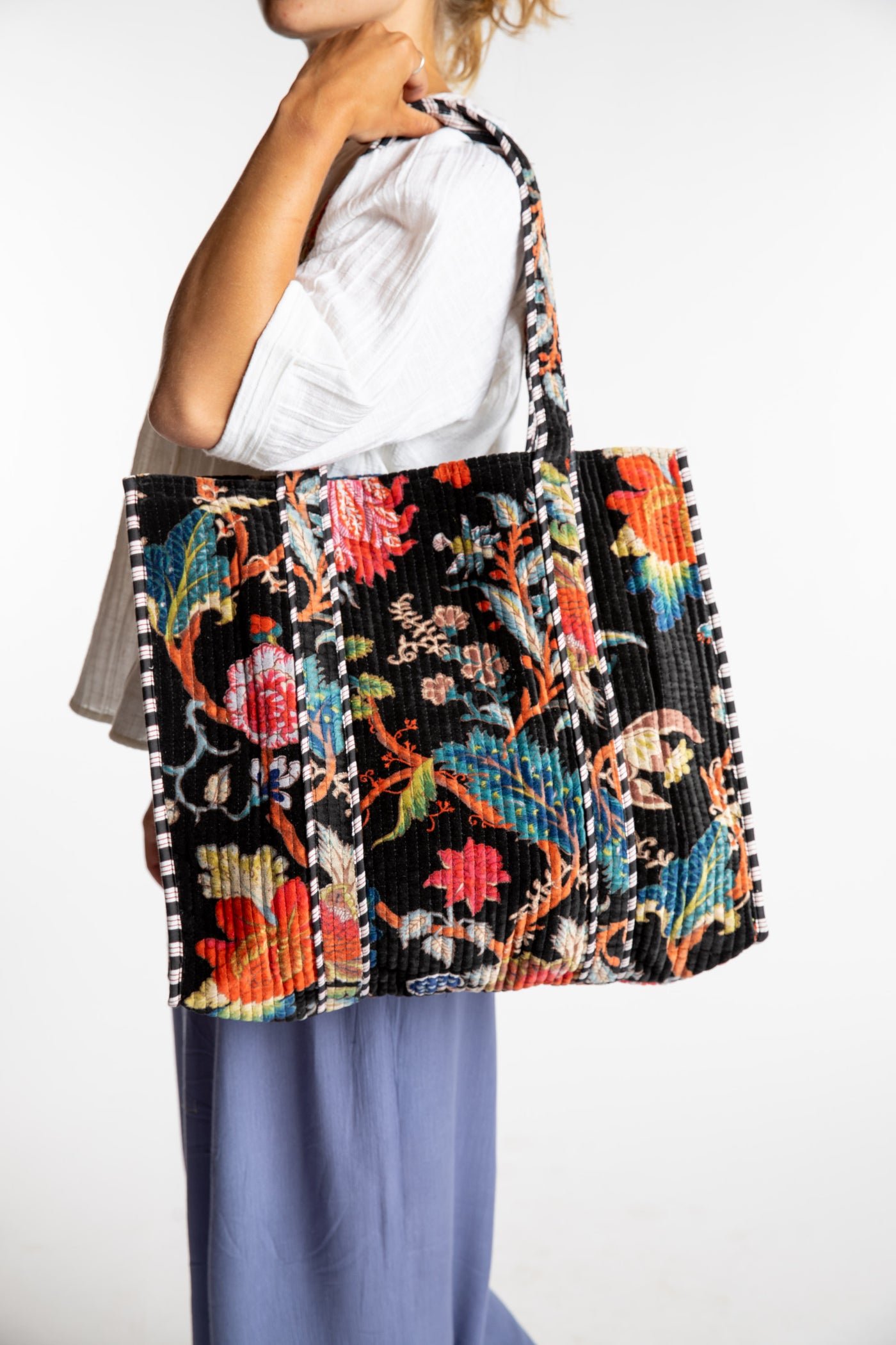 Multicolored floral patterned Bristol Plush Floral Tote Bag in color Black