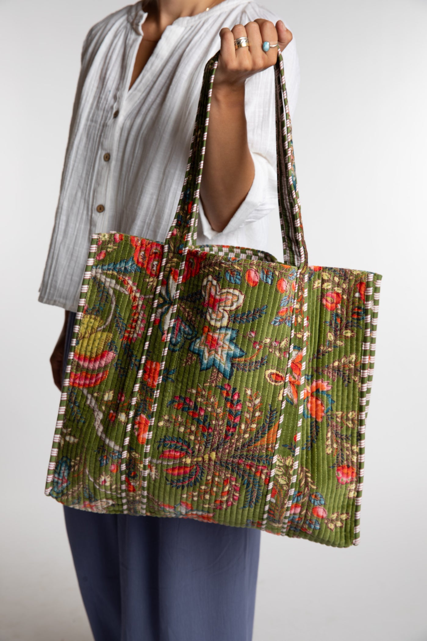 Colorful patterned Bristol Plush Floral Tote Bag in Green floral