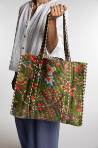 Colorful patterned Bristol Plush Floral Tote Bag in Green floral