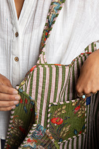 Colorful patterned Bristol Plush Floral Tote Bag in Green floral detail of pocket