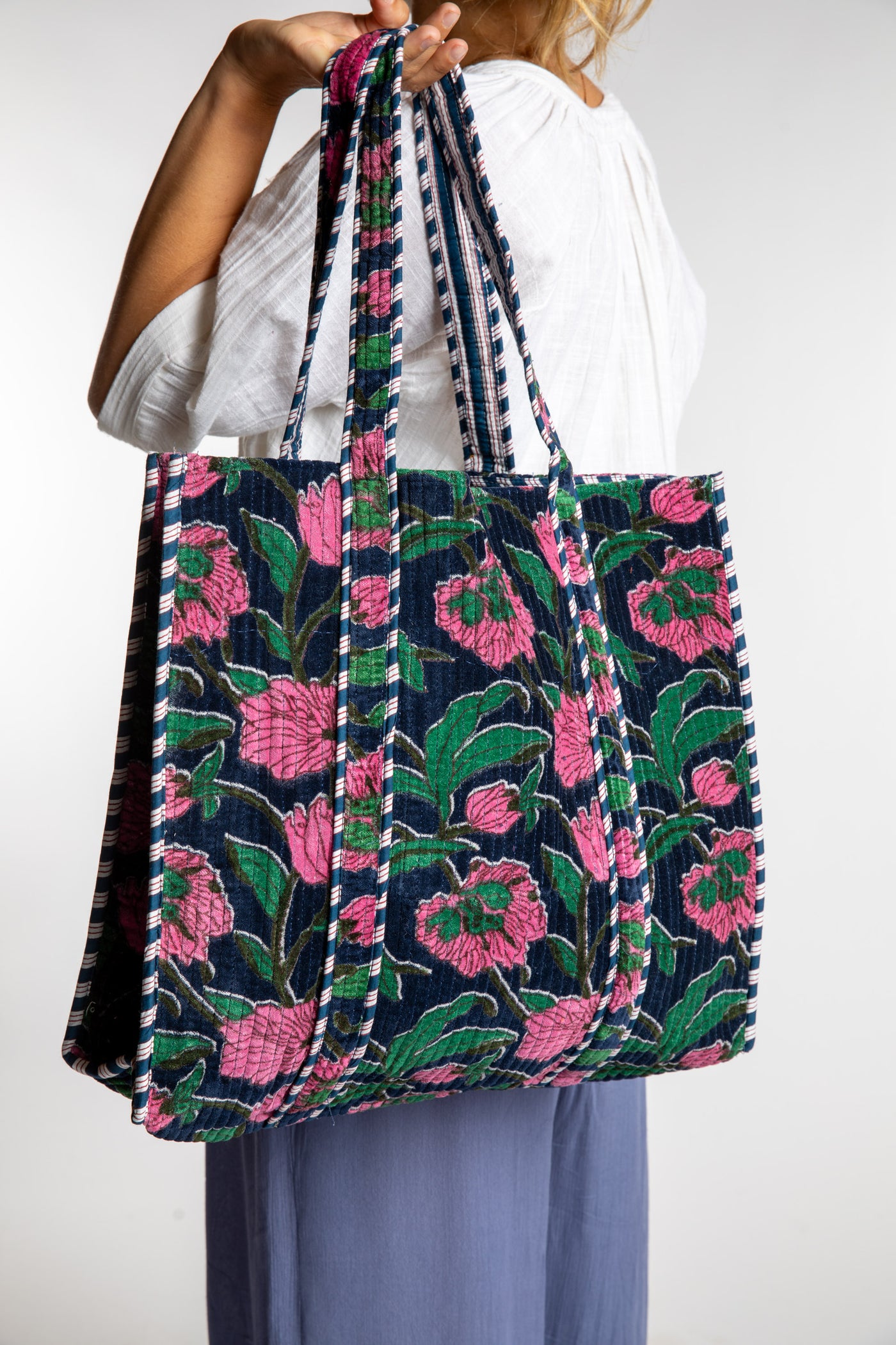 Floral patterned Bristol Plush Floral Tote Bag with pink flowers in color Navy