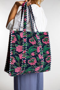 Floral patterned Bristol Plush Floral Tote Bag with pink flowers in color Navy