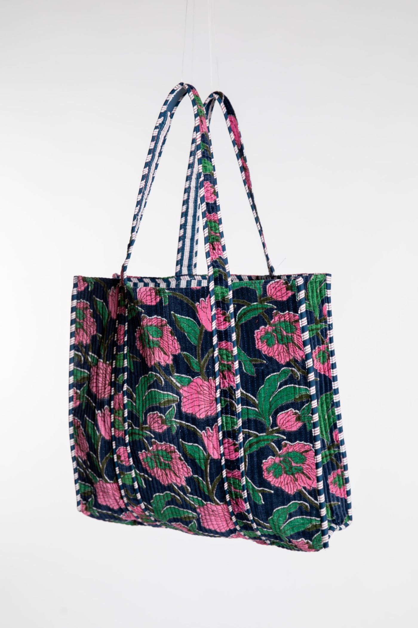 Floral patterned Bristol Plush Floral Tote Bag with pink flowers in color Navy