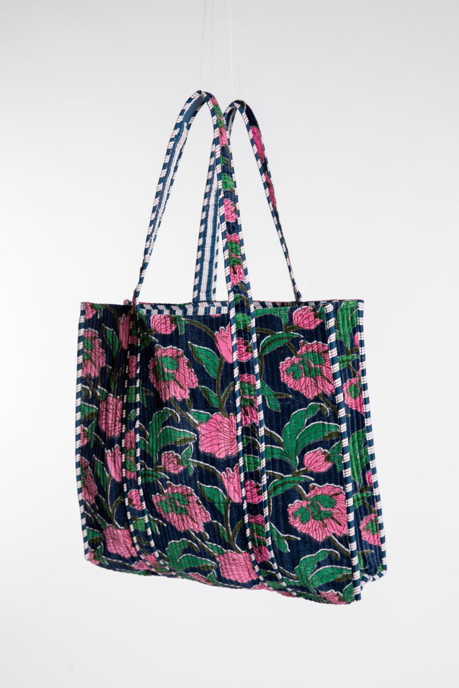 Floral patterned Bristol Plush Floral Tote Bag with pink flowers in color Navy