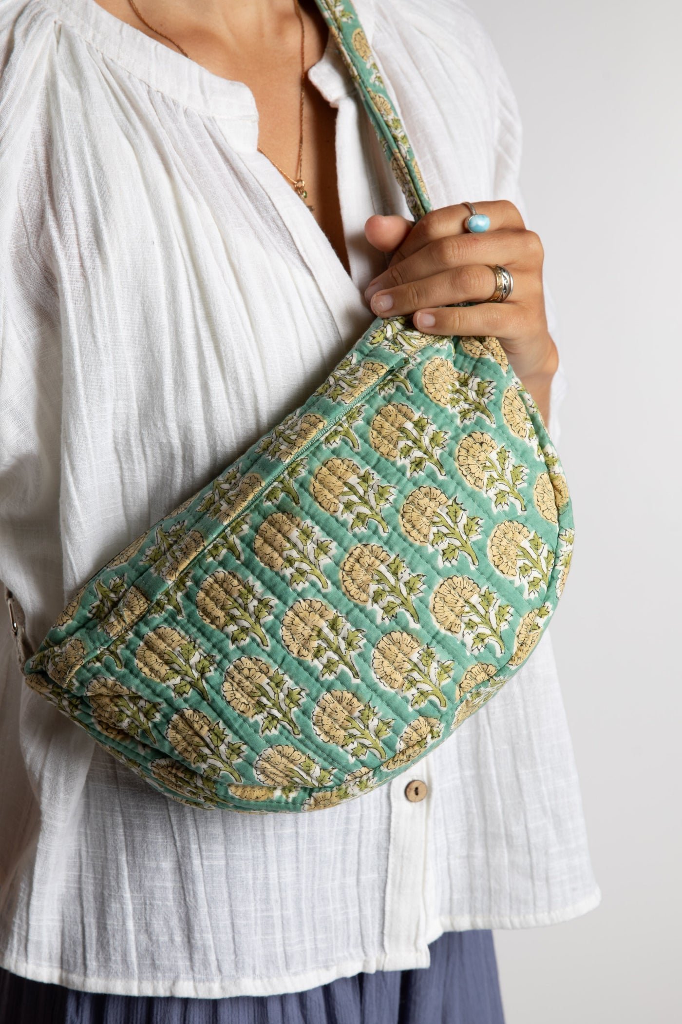 Quilted Cotton Boho Purse in Aquamarine green floral block print