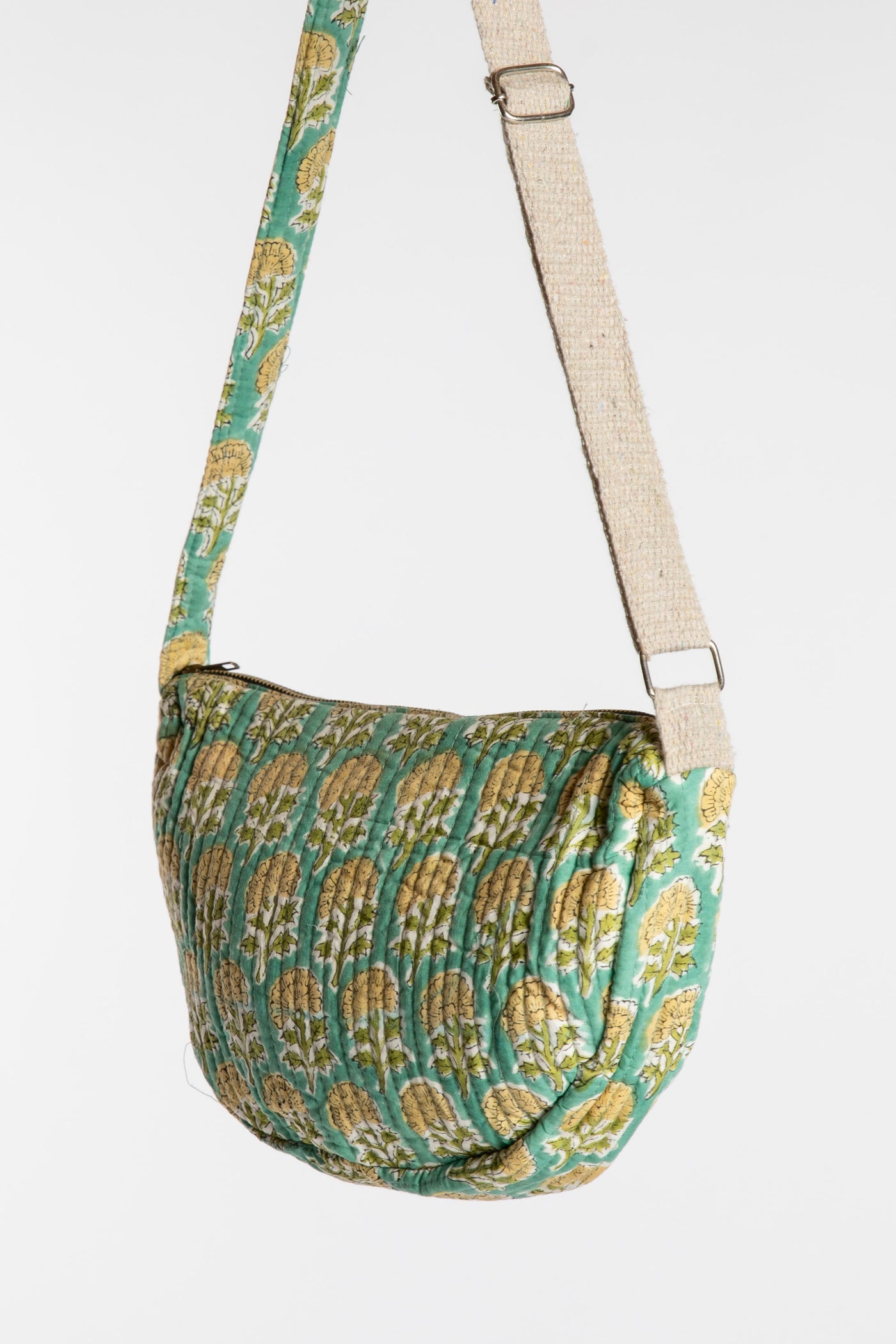 Quilted Cotton Boho Purse in Aquamarine green floral block print